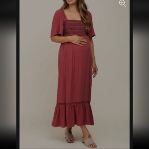 Lalavon Embroidered Smocked Square Neck Open Back Maternity Midi Dress. Size Med